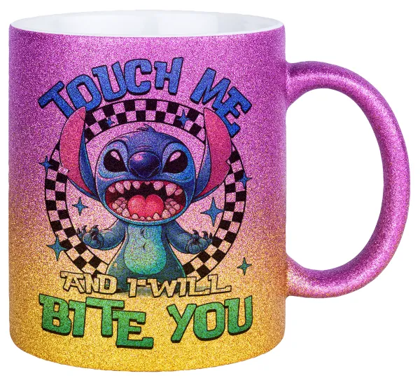 Stitch Touch Me And I Will Bite You — Gold/pink glitter mug, ceramic, 330ml