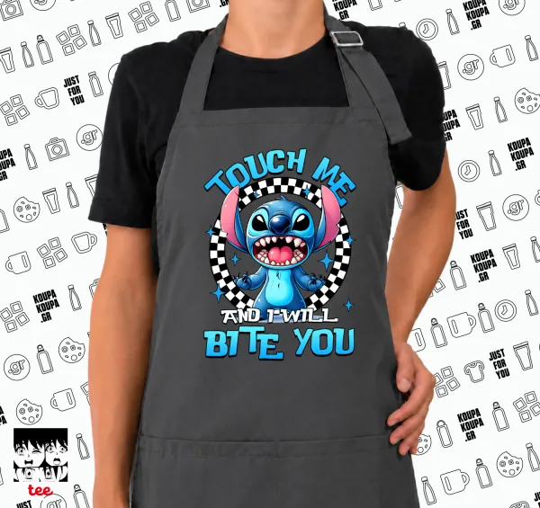 Stitch Touch Me And I Will Bite You — GREY Ποδιά μαγειρικής μακριά Σεφ με τσέπες (ΕΝΗΛΙΚΩΝ, ΓΚΡΙ)