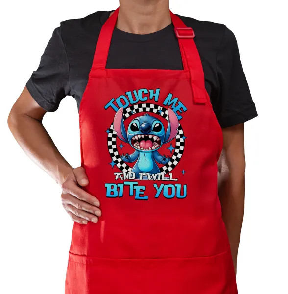 Stitch Touch Me And I Will Bite You — Κόκκινη Ποδιά μαγειρικής με τσέπες (ΕΝΗΛΙΚΩΝ)