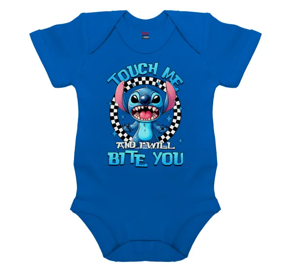 Stitch Touch Me And I Will Bite You — Short-sleeve baby bodysuit, cobalt blue, 100% organic cotton