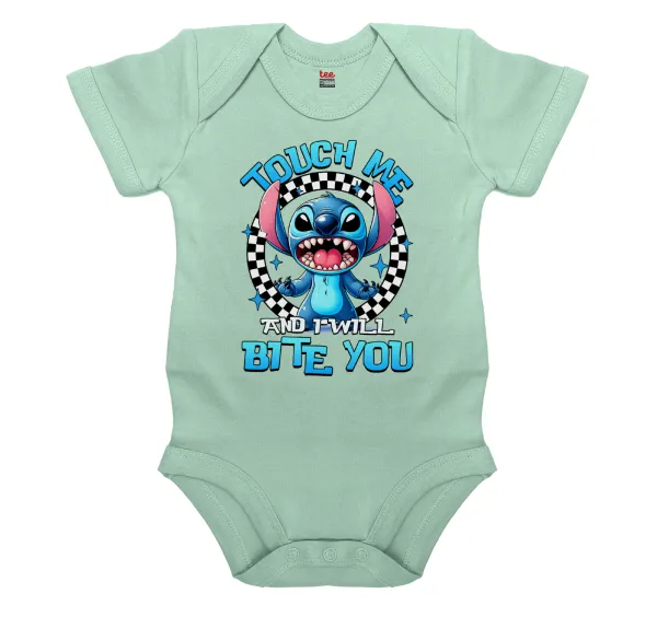 Stitch Touch Me And I Will Bite You — Βρεφικό φορμάκι μωρού, 0-18 μηνών, mint, 100% Organic Cotton, κοντομάνικο