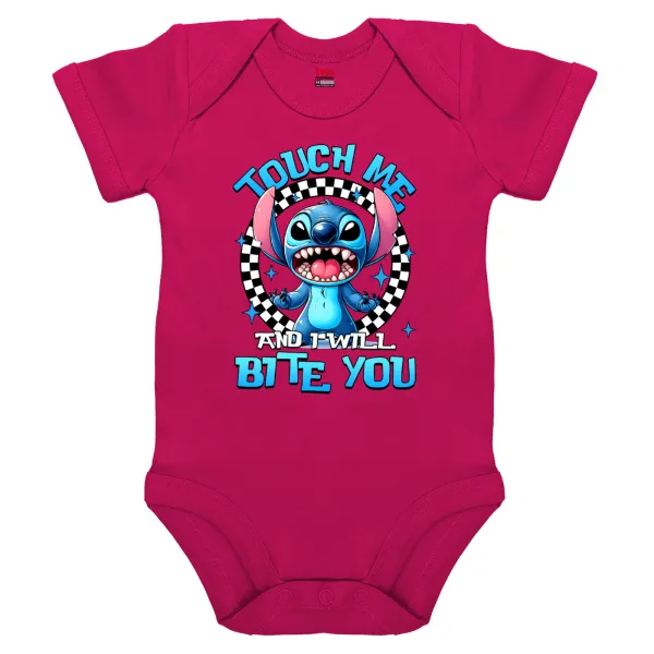 Stitch Touch Me And I Will Bite You — Βρεφικό φορμάκι μωρού, 0-18 μηνών, ΡΟΖ, 100% Organic Cotton, κοντομάνικο