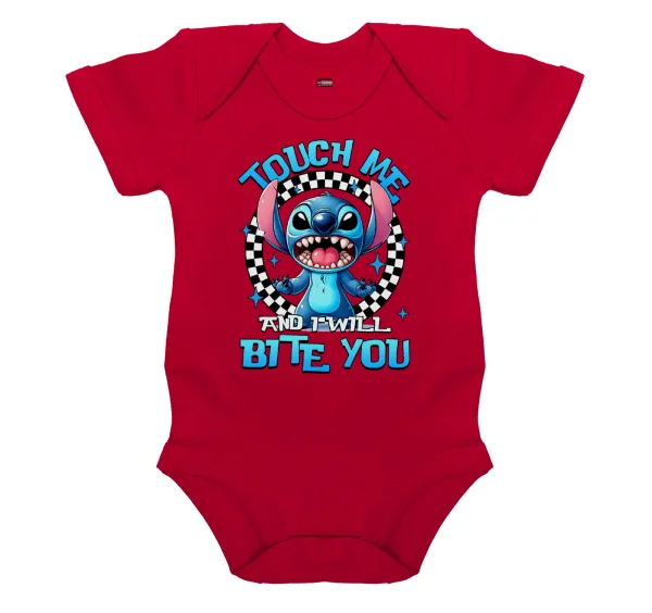 Stitch Touch Me And I Will Bite You — Βρεφικό φορμάκι μωρού,ΚΟΚΚΙΝΟ, 100% Organic Cotton, κοντομάνικο