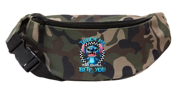 Stitch Touch Me And I Will Bite You — Unisex waist bag (banana) in Jungle camouflage color with 2 pockets