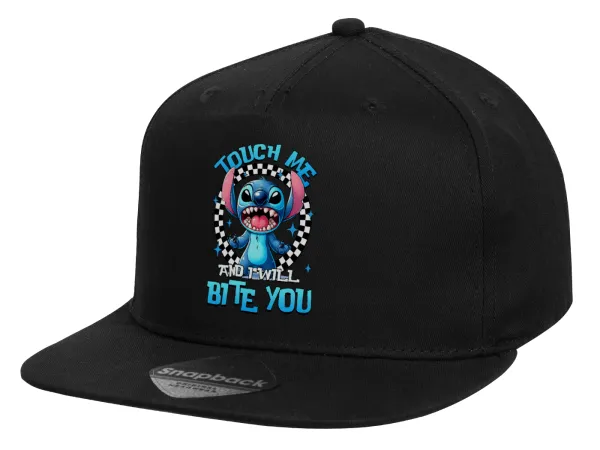Stitch Touch Me And I Will Bite You — Καπέλο παιδικό Flat Snapback, Μαύρο (100% ΒΑΜΒΑΚΕΡΟ, ΠΑΙΔΙΚΟ, UNISEX, ONE SIZE)