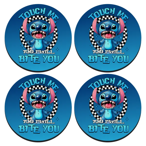 Stitch Touch Me And I Will Bite You — ΣΕΤ 4 Σουβέρ ξύλινα στρογγυλά (9cm)