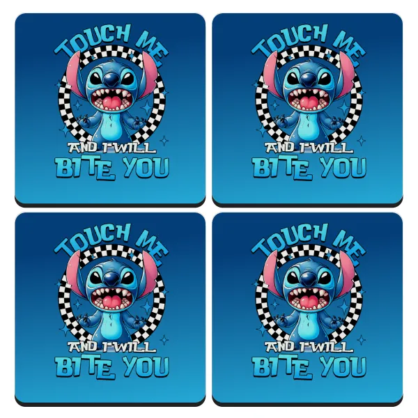 Stitch Touch Me And I Will Bite You — Σουβέρ ξύλινα τετράγωνα (9cm)