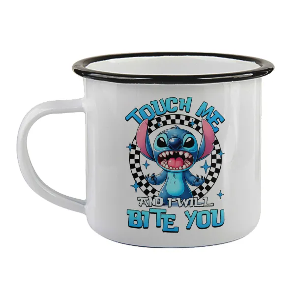 Stitch Touch Me And I Will Bite You — Enamel mug with black rim, 360ml