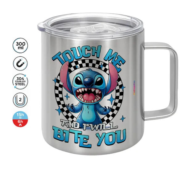 Stitch Touch Me And I Will Bite You — Κούπα Ανοξείδωτη διπλού τοιχώματος 300ml με καπάκι διατήρησης θερμοκρασίας