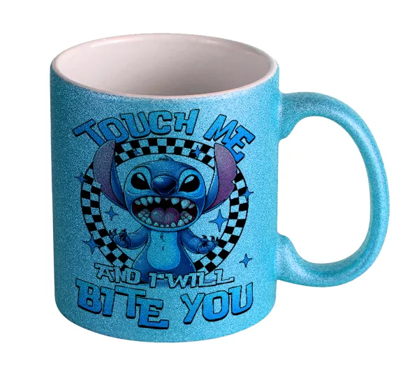 Stitch Touch Me And I Will Bite You — Κούπα Σιέλ Glitter που γυαλίζει, κεραμική, 330ml