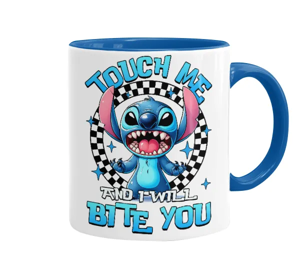 Stitch Touch Me And I Will Bite You — Κούπα χρωματιστή μπλε, κεραμική, 330ml
