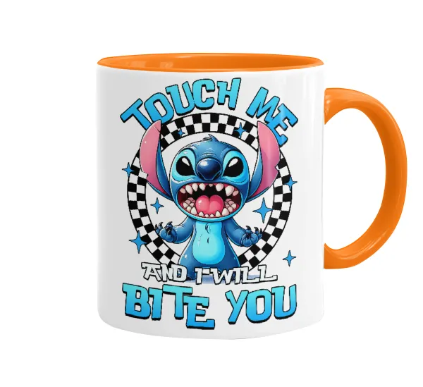 Stitch Touch Me And I Will Bite You — Κούπα χρωματιστή πορτοκαλί, κεραμική, 330ml