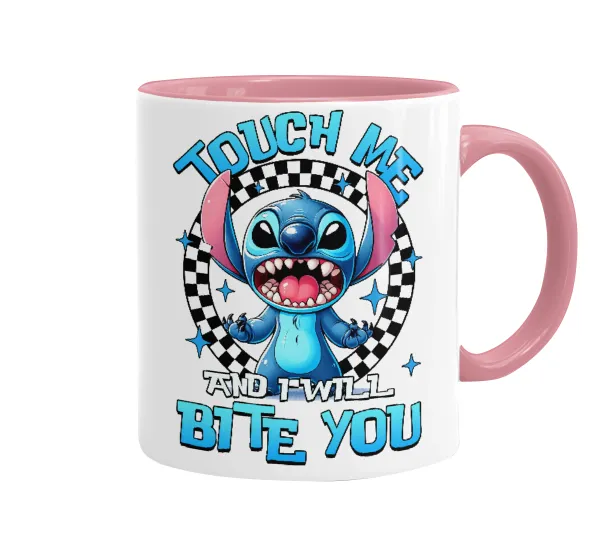 Stitch Touch Me And I Will Bite You — Κούπα χρωματιστή ροζ, κεραμική, 330ml