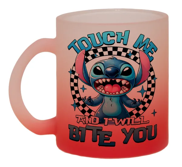 Stitch Touch Me And I Will Bite You — Κούπα γυάλινη δίχρωμη με βάση το κόκκινο ματ, 330ml