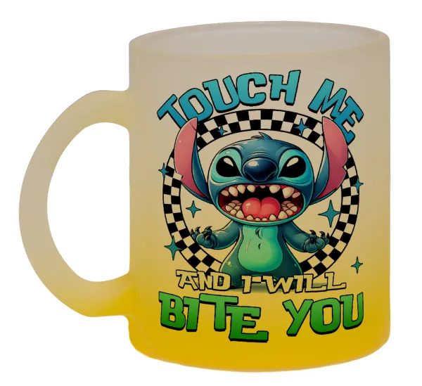 Stitch Touch Me And I Will Bite You — Κούπα γυάλινη δίχρωμη με βάση το κίτρινο ματ, 330ml
