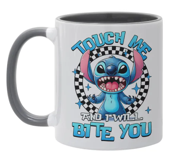 Stitch Touch Me And I Will Bite You — Κούπα χρωματιστή γκρι, κεραμική, 330ml