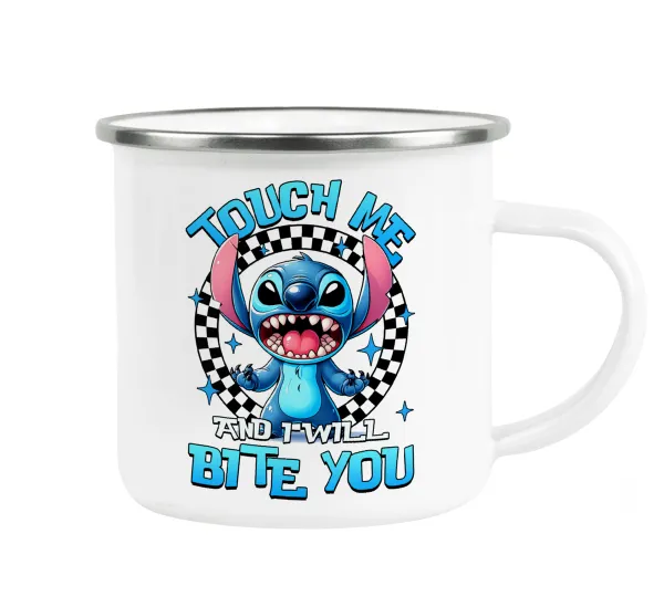 Stitch Touch Me And I Will Bite You — Κούπα Μεταλλική εμαγιέ λευκη 360ml