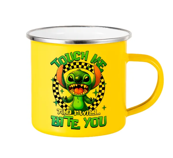 Stitch Touch Me And I Will Bite You — Κούπα Μεταλλική εμαγιέ Κίτρινη 360ml