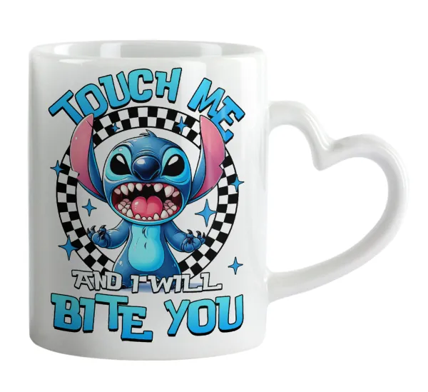 Stitch Touch Me And I Will Bite You — Κούπα καρδιά χερούλι λευκή, κεραμική, 330ml