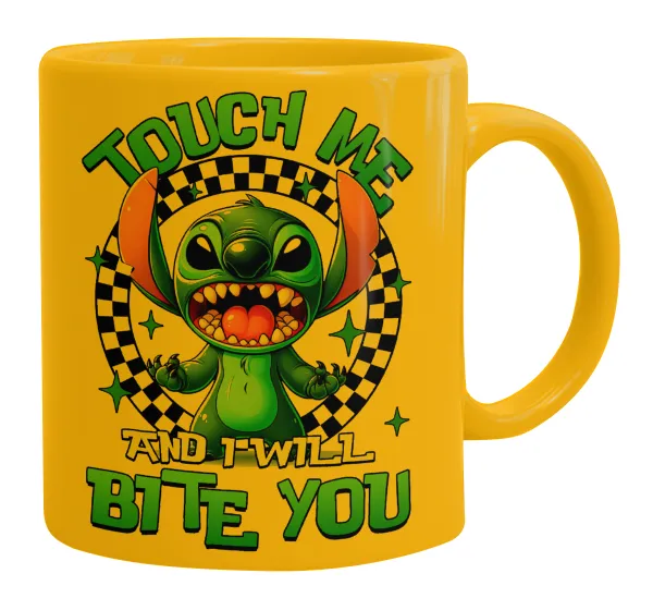 Stitch Touch Me And I Will Bite You — Ceramic coffee mug yellow, 330ml