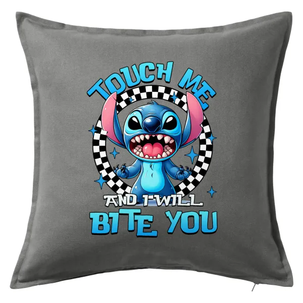 Stitch Touch Me And I Will Bite You — Μαξιλάρι καναπέ Γκρι 100% βαμβάκι, περιέχεται το γέμισμα (50x50cm)