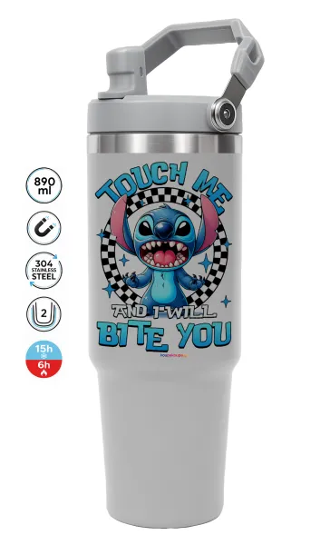 Stitch Touch Me And I Will Bite You — ΓΚΡΙ Travel Tumbler Θερμός με χερούλι και καλαμάκι 890ml