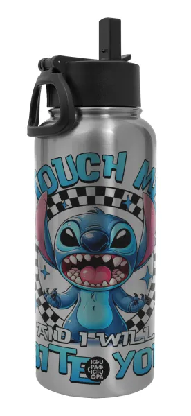 Stitch Touch Me And I Will Bite You — Metal mug thermo Silver with Straw and Spout Lid (Stainless steel), double wall, 950ml