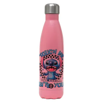 Stitch Touch Me And I Will Bite You, Μεταλλικό παγούρι θερμός Ροζ Ματ (Stainless steel), διπλού τοιχώματος, 500ml