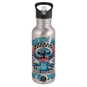 Stitch Touch Me And I Will Bite You, Water bottle Silver with straw, stainless steel 600ml