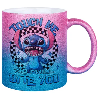 Stitch Touch Me And I Will Bite You, Κούπα Χρυσή/Μπλε Glitter, κεραμική, 330ml