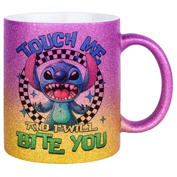 Stitch Touch Me And I Will Bite You, Κούπα Χρυσή/Ροζ Glitter, κεραμική, 330ml