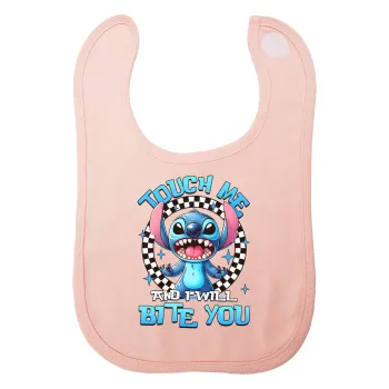 Stitch Touch Me And I Will Bite You, Σαλιάρα με Σκρατς ΡΟΖ 100% Organic Cotton (0-18 months)