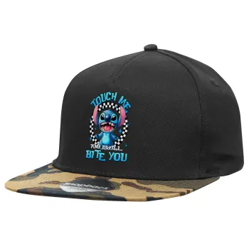Stitch Touch Me And I Will Bite You, Καπέλο Ενηλίκων Flat Snapback Μαύρο/Παραλλαγή, (100% ΒΑΜΒΑΚΕΡΟ TWILL, ΕΝΗΛΙΚΩΝ, UNISEX, ONE SIZE)