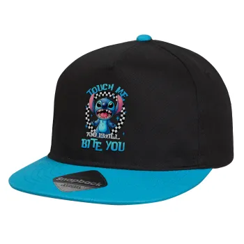 Stitch Touch Me And I Will Bite You, Child's Flat Snapback Hat, Black/Blue (100% COTTON, CHILD, UNISEX, ONE SIZE)