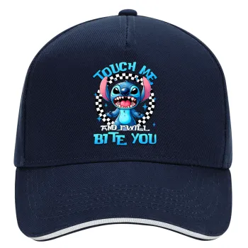 Stitch Touch Me And I Will Bite You, DRILL Adult Ultimate Hat BLUE/WHITE, (100% COTTON, ADULT, UNISEX, ONE SIZE)