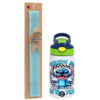 Stitch Touch Me And I Will Bite You, Easter Set, Children's thermal stainless steel bottle with safety straw, green/blue (350ml) & aromatic flat Easter candle (30cm) (TURQUOISE)