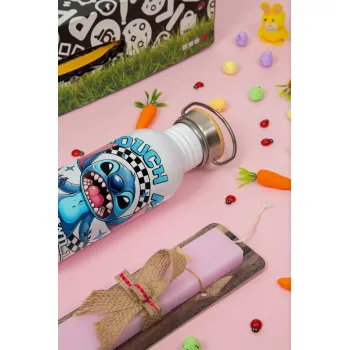 Stitch Touch Me And I Will Bite You, Πασχαλινή Λαμπάδα με παγούρι μεταλλικό (620ml, stainless steel) & κερί αρωματικό πλακέ (30cm) (ΡΟΖ)