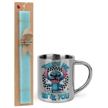 Stitch Touch Me And I Will Bite You, Easter Set, metallic thermal cup (300ml) & aromatic flat Easter candle (30cm) (TURQUOISE)