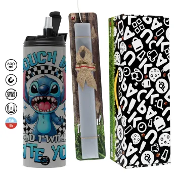Stitch Touch Me And I Will Bite You, Easter candle with Grey Tumbler Thermo 600ml & aromatic flat candle (30cm) (GREY)