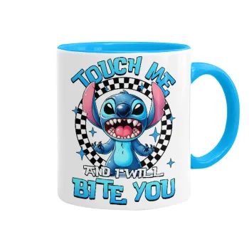 Stitch Touch Me And I Will Bite You, Κούπα χρωματιστή γαλάζια, κεραμική, 330ml