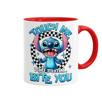Stitch Touch Me And I Will Bite You, Κούπα χρωματιστή κόκκινη, κεραμική, 330ml