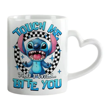 Stitch Touch Me And I Will Bite You, Κούπα καρδιά χερούλι λευκή, κεραμική, 330ml