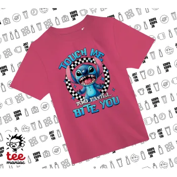 Stitch Touch Me And I Will Bite You, ΡΟΖ παιδικό T-Shirt από 100% βαμβάκι, για κάθε μέρα. Vegan & OEKO-TEX πιστοποιημένο.