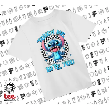Stitch Touch Me And I Will Bite You, Άνετο παιδικό T-Shirt ΛΕΥΚΟ από 100% βαμβάκι, για κάθε μέρα. Vegan & OEKO-TEX πιστοποιημένο.