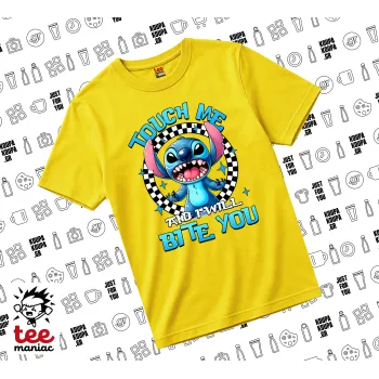 Stitch Touch Me And I Will Bite You, yellow childrens T-Shirt made of 100% cotton, for every day. Vegan & OEKO-TEX certified.
