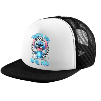 Stitch Touch Me And I Will Bite You, Child's Soft Trucker Hat with BLACK/WHITE Mesh (POLYESTER, CHILD, ONE SIZE)