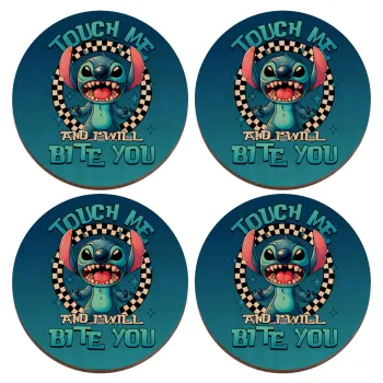 Stitch Touch Me And I Will Bite You, ΣΕΤ x4 Σουβέρ ξύλινα στρογγυλά plywood (9cm)
