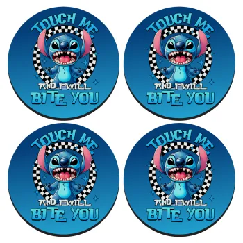 Stitch Touch Me And I Will Bite You, SET of 4 round wooden coasters (9cm)