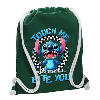 Stitch Touch Me And I Will Bite You, Backpack pouch GYMBAG BOTTLE GREEN, with pocket (40x48cm) & thick white cords