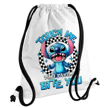 Stitch Touch Me And I Will Bite You, Τσάντα πλάτης πουγκί GYMBAG λευκή, με τσέπη (40x48cm) & χονδρά κορδόνια